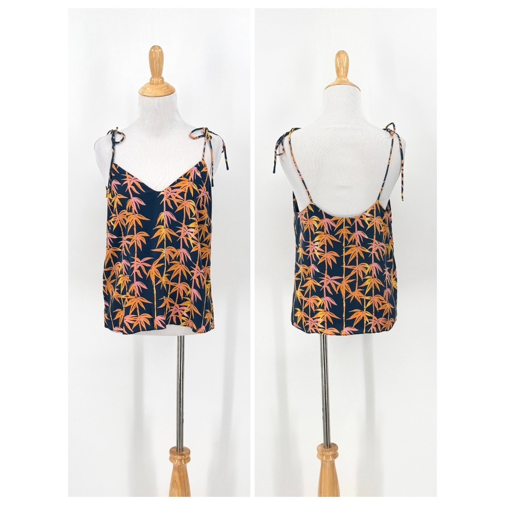 SAM & LAVI Silk Cami Top Women Small Navy Orange Bamboo Print Tie Strap Tank
